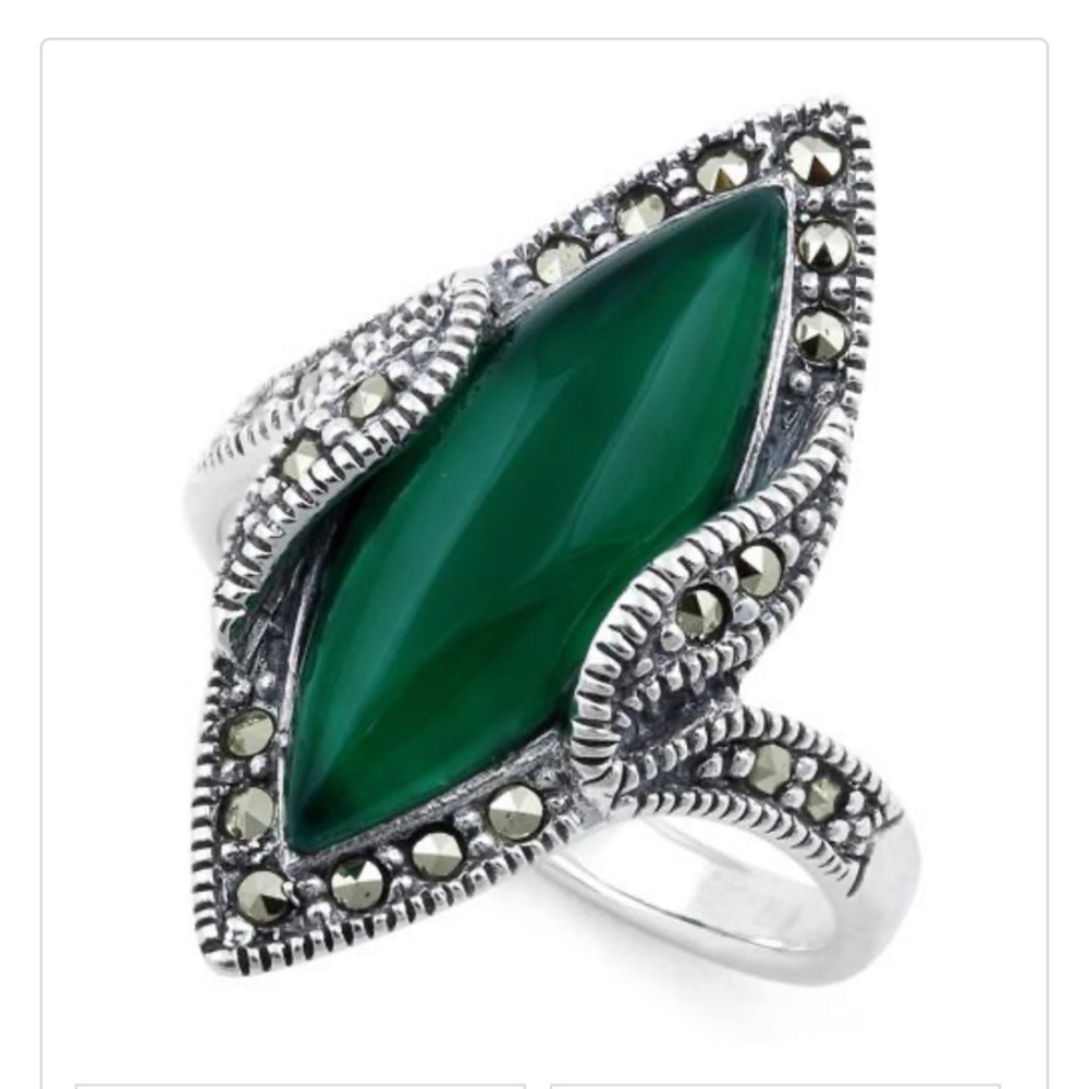 6 Pk .925 Silver Green Agate and Marcasite Rings